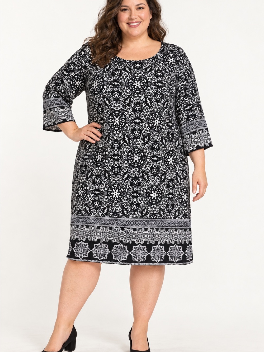 Plus-Size Black & White Printed Midi Dress with Border Detail